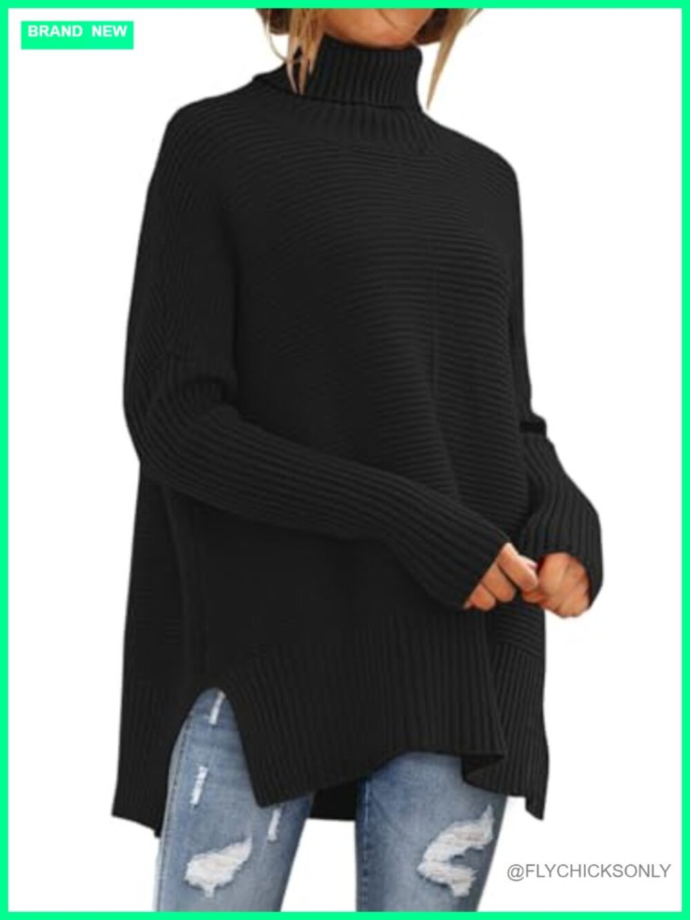 Oversized Turtleneck Batwing Sweater Chunky Knit Tunic Pullover